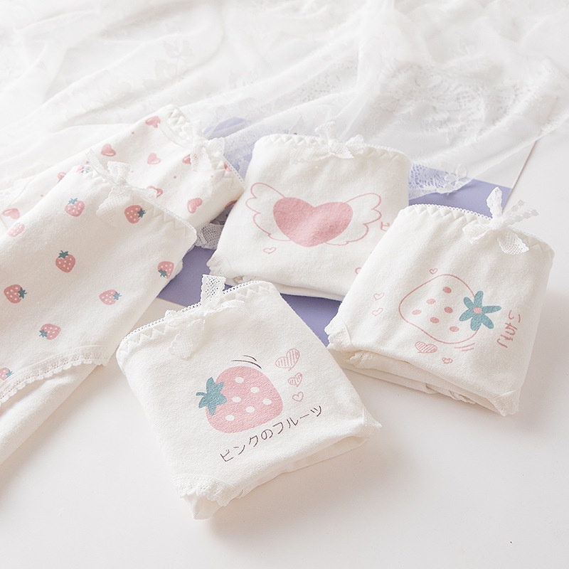 Quần Lót Cotton Lưng Vừa In Họa Tiết Dâu Tây Hoạt Hình Phong Cách Nhật Bản Cho Nữ