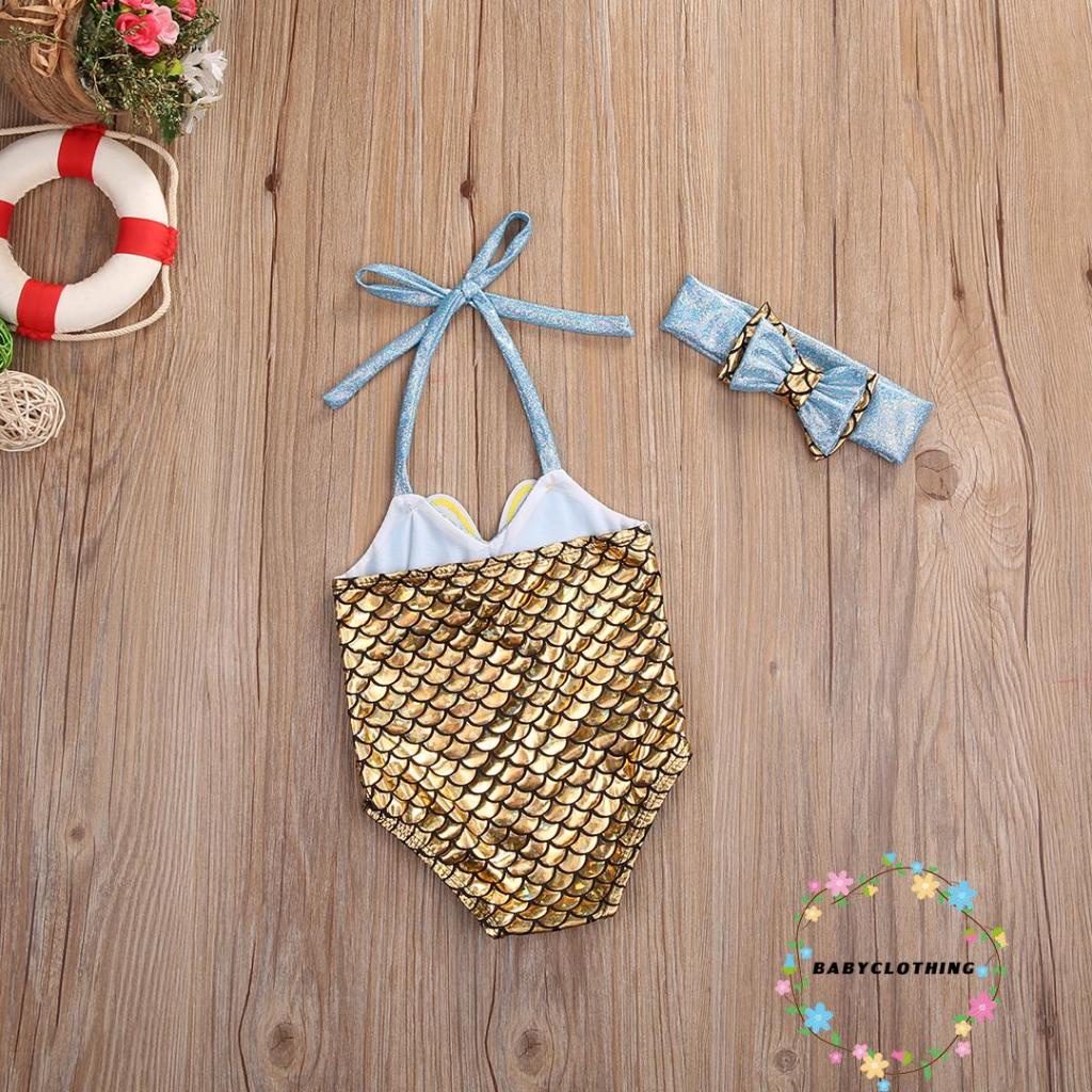 Babyclothes-kid Bộ Đồ Bơi Bikini Liền Thân Họa Tiết Vỏ Sò Nàng Tiên Cá Cột Dây Mù