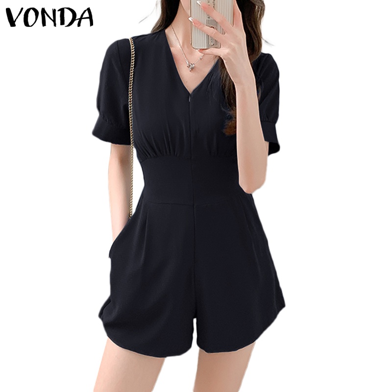 Áo liền quần VONDA tay ngắn phồng cổ chữ V màu trơn phối túi thời trang Hàn Quốc cho nữ
