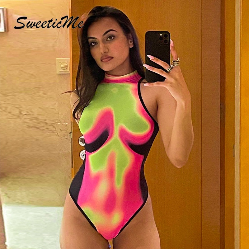 Bộ Áo Liền Quần Cổ Tròn Dáng Ôm Phối Màu Tương Phản Thời Trang 2023 Cho Bạn Gái