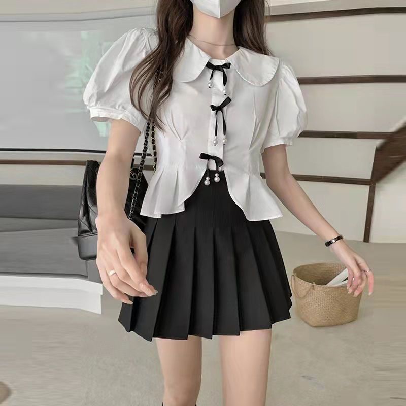 Set Áo Sơ Mi Tay Ngắn Phồng Cổ Búp Bê Thắt Nơ Phối Chân Váy Xếp Ly Thời Trang Mùa Hè Cho Nữ
