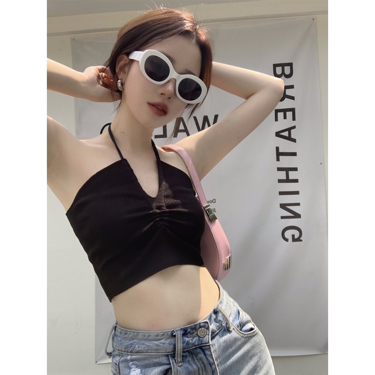 Áo Lửng Hai Dây Màu Trơn Khoét Lỗ Gợi Cảm Thời Trang Mùa Hè Cho Nữ