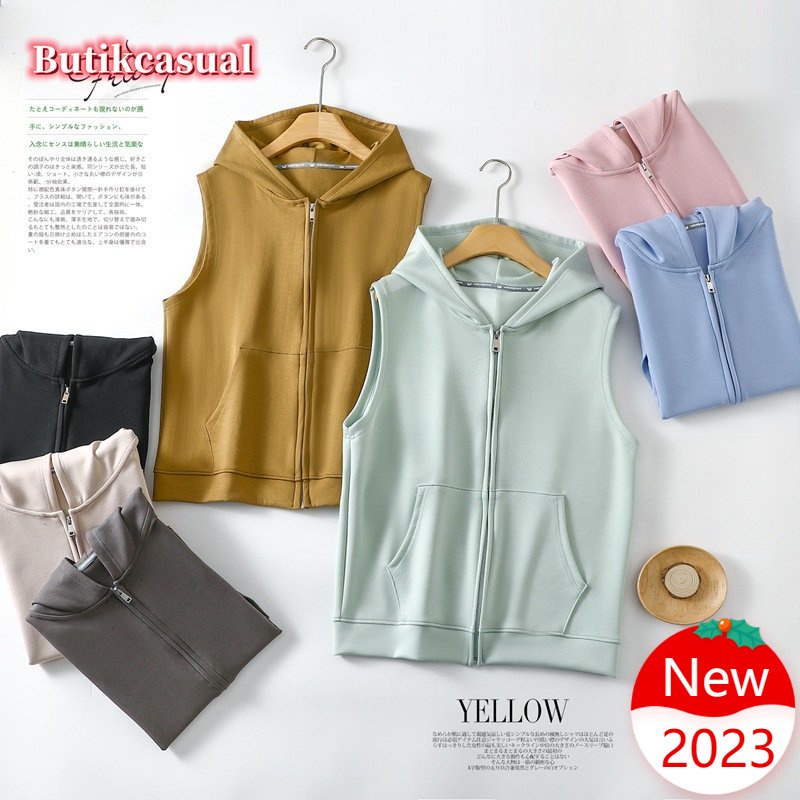 Áo Khoác Sweater Sát Nách Có Mũ Trùm Phối Khóa Kéo Thời Trang Mùa Xuân 2023 Cho Nữ