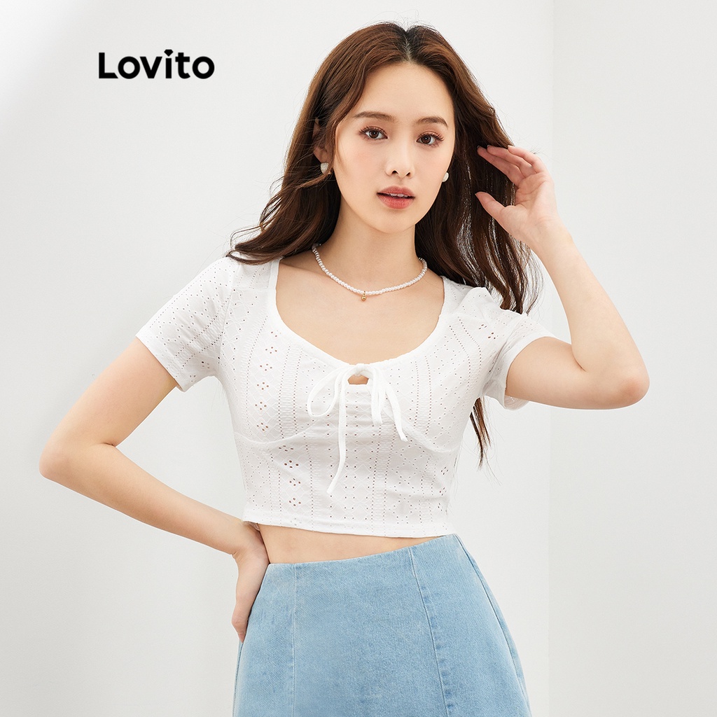 Lovito Casual Trơn️ Áo thun nữ thêu dây giày L35ED013