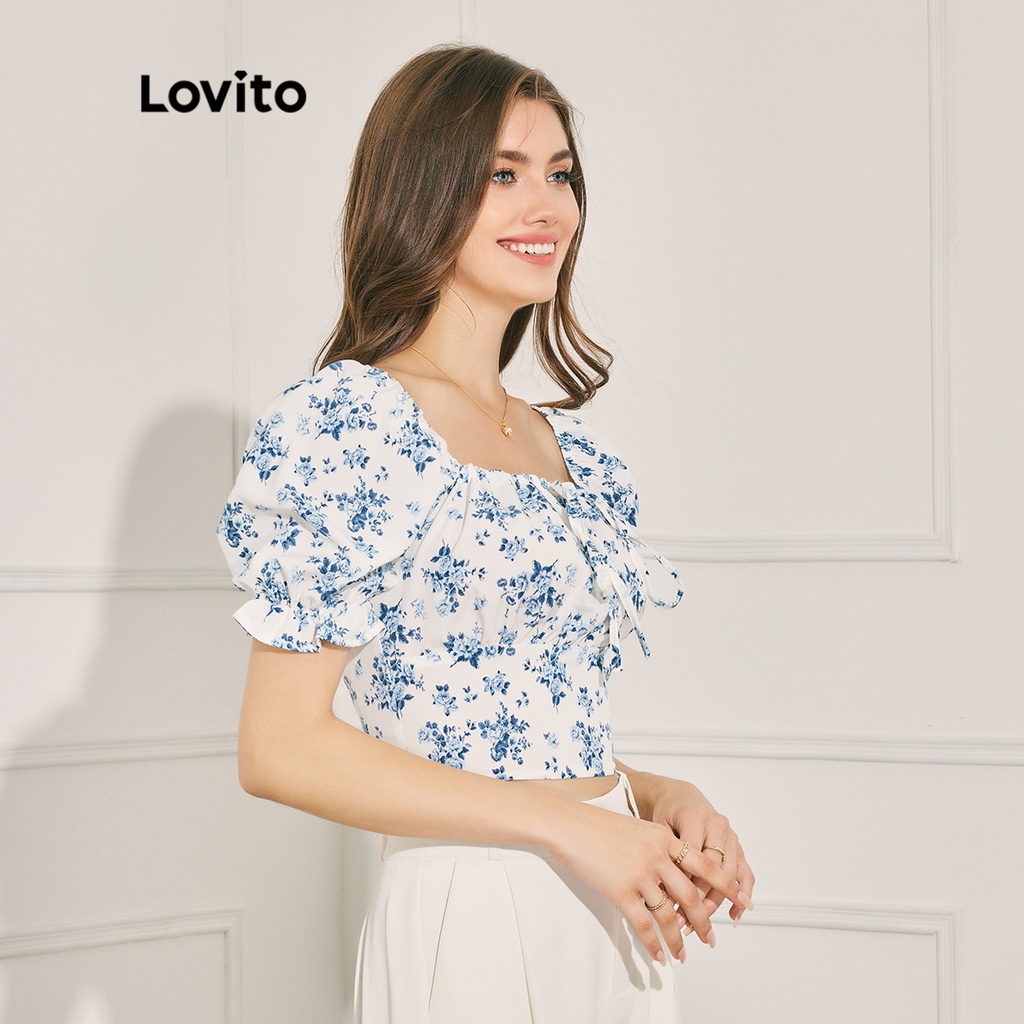 Áo Lovito Boho Họa Tiết Hoa Cổ Vuông Tay Phồng Thắt Nơ Trước Ngực Nữ L37LD064 (Xanh dương)