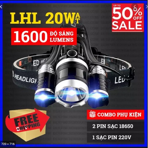 Đèn bin đội đầu, Đèn pin đội đầu 3 bóng siêu sáng siêu xa, có 4 chế độ, 2 pin sạc + 1 bộ sạc + 1 dây đai + 1 hộp đựng