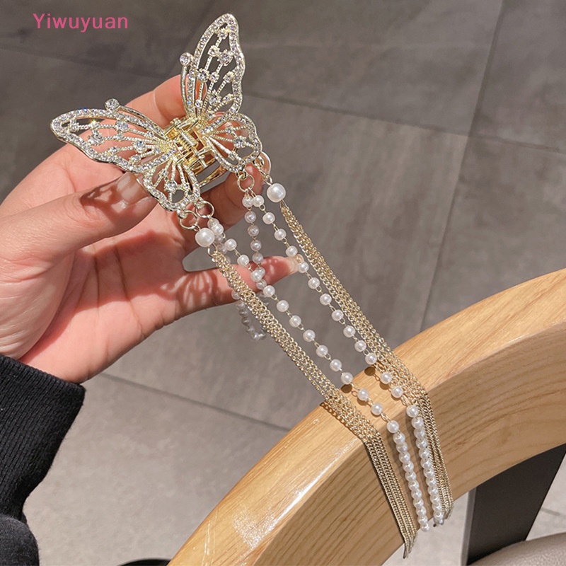 < Yiwuyuan > Kẹp Tóc Đính Đá Ngọc Trai Hình Bướm Tua Rua Bên Hông Đơn Giản Phong Cách Hàn Quốc Cho Nữ Mới
