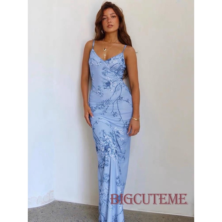 [] [] Đầm Dài Hai Dây Không Tay In Hoa Phong Cách Vintage Cho Nữ