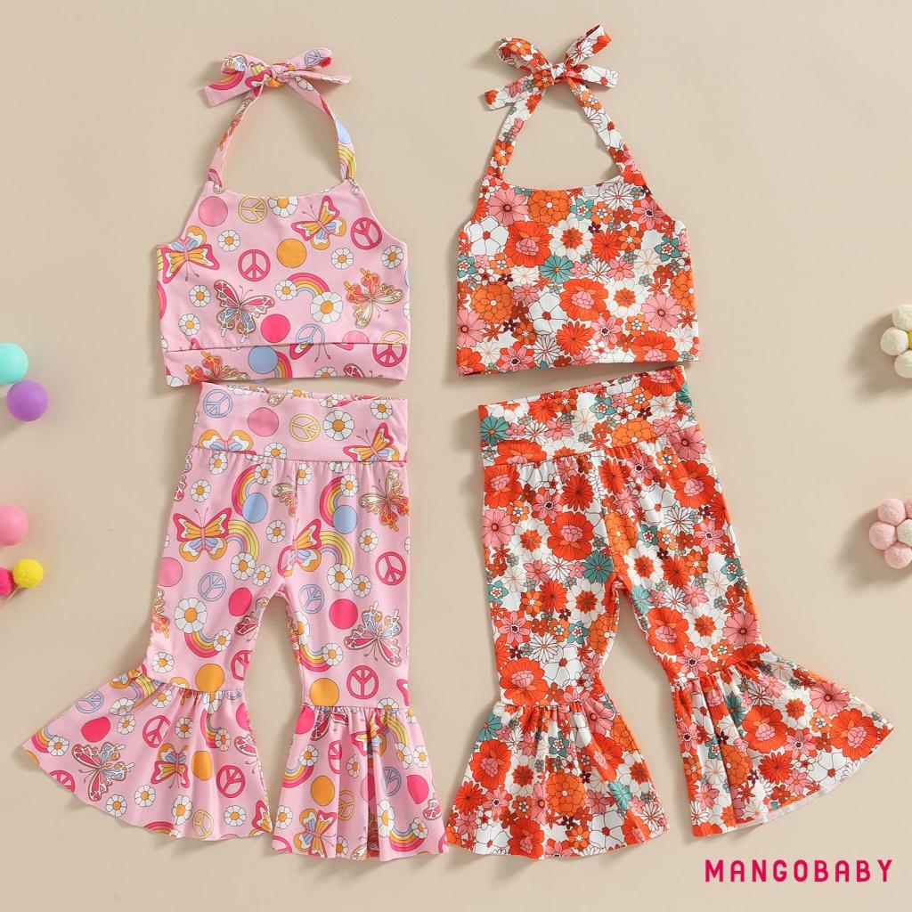 Set Đồ Mùa Hè 2 Món Gồm Áo Cổ Yếm Không Tay In Hoa + Quần Ống Loe Co Giãn Cho Bé Gái