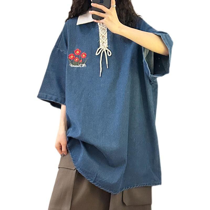 Áo Sơ Mi Denim Tay Ngắn Dáng Rộng Thêu Hoa Kiểu Retro Mỹ Thời Trang Mùa Hè Cho Nữ 1.0-150kg