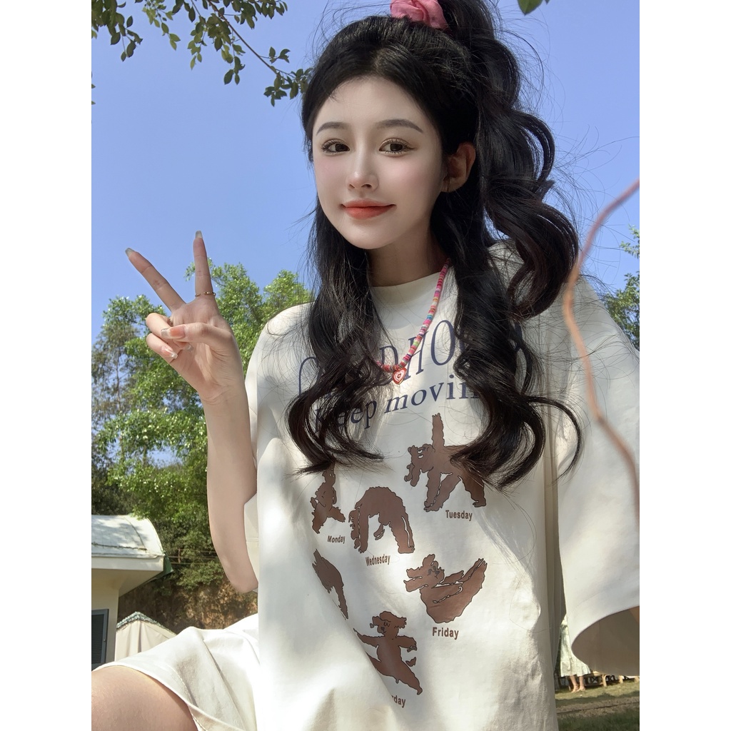 Áo Thun Tay Ngắn Dáng Rộng In Họa Tiết Hoạt Hình &amp; Chữ Cái Độc Đáo Thời Trang Cho Nữ