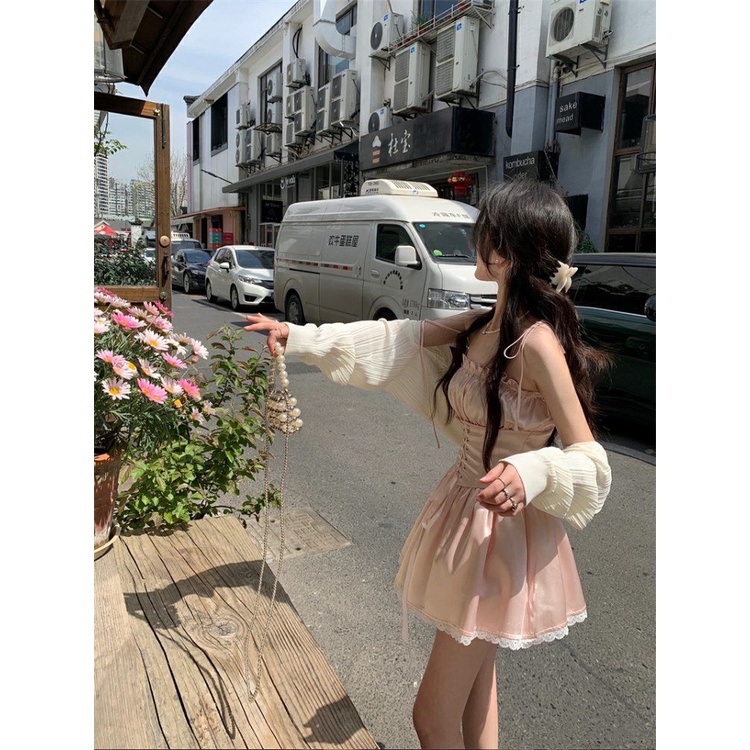 Set Áo Khoác Cardigan + Đầm Hai Dây Phối Ren Thời Trang Mùa Hè Cho Nữ