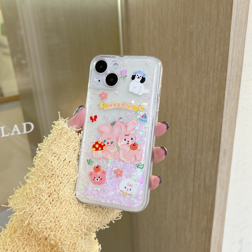 Ốp Điện Thoại PC Cứng Họa Tiết Thỏ Hoạt Hình Phối Cát Lún Lấp Lánh Chống Sốc Cho iPhone11 12 13 14 Pro Max