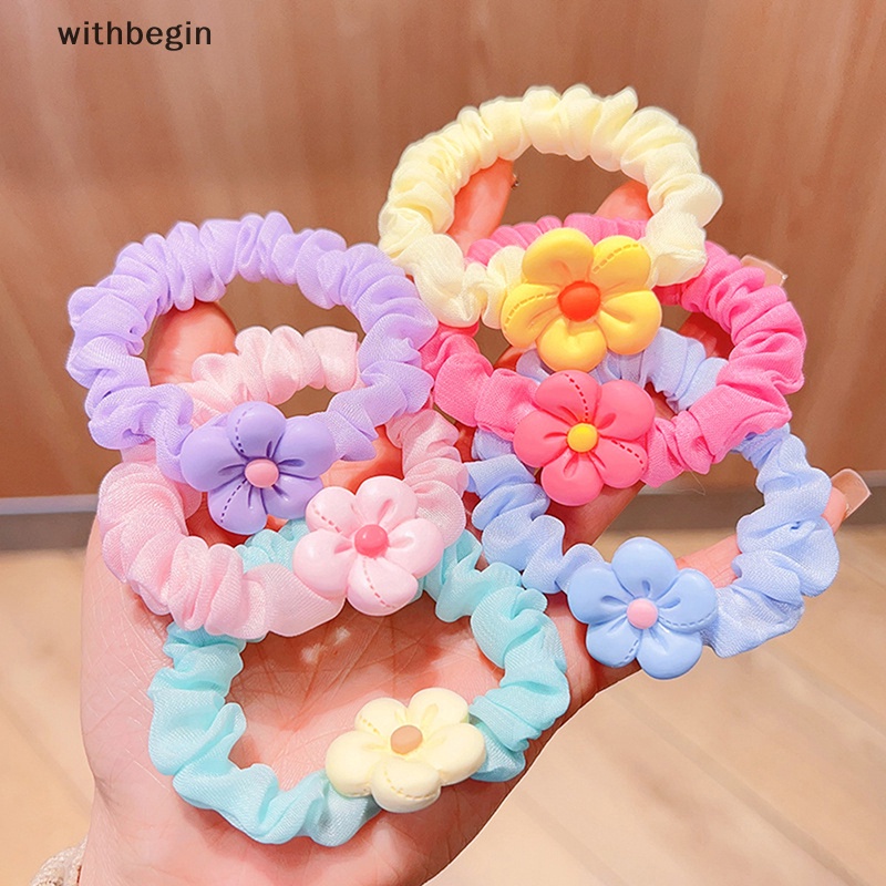 Dây Buộc Tóc Cao Su Co Giãn Bọc Nhựa Màu Trơn Đính Hoa Thời Trang Cho Bé Gái
