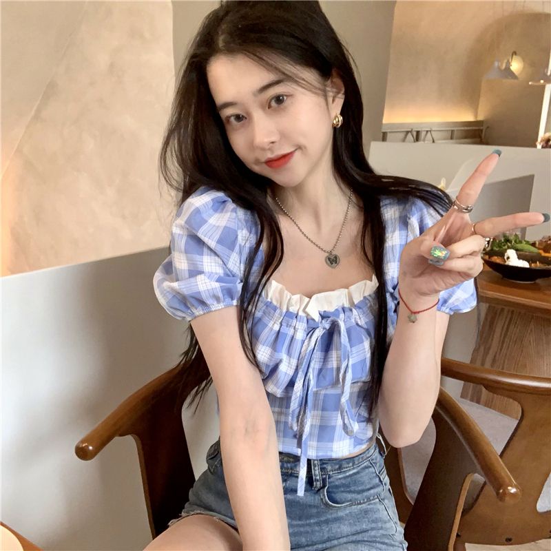 Áo Kiểu Tay Phồng Cổ Vuông Họa Tiết Sọc Caro Thời Trang Mùa Hè