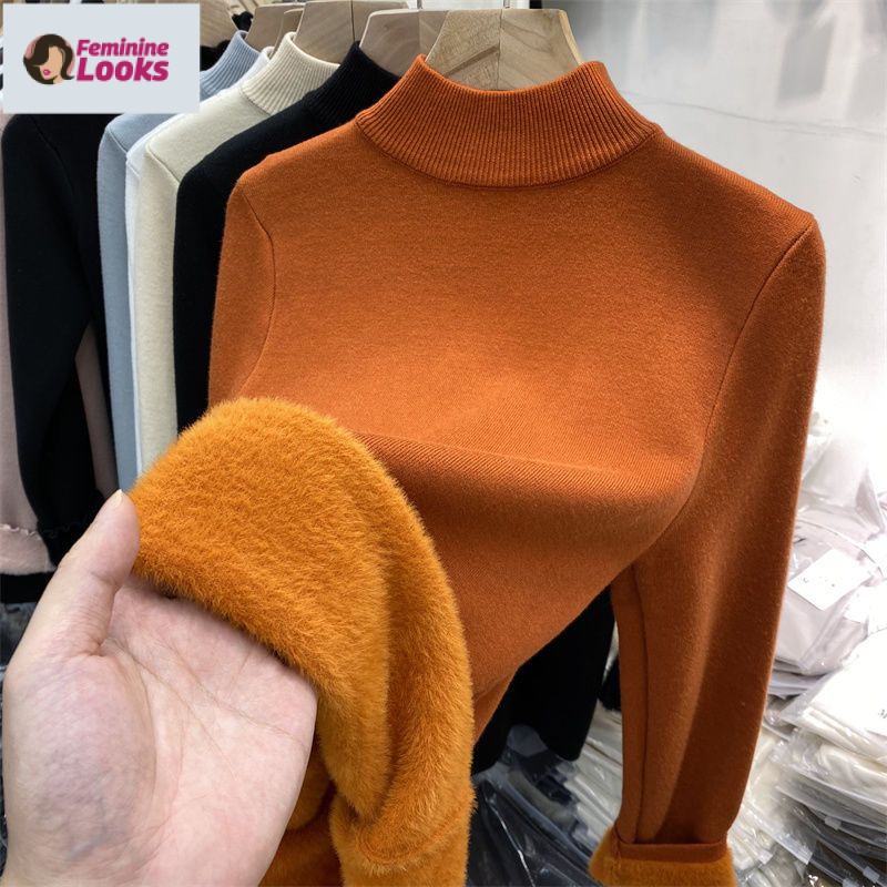 Áo Dệt Kim Tay Dài Cổ Cao Lót Lông Cừu Dày Màu Sắc Đơn Giản Thời Trang