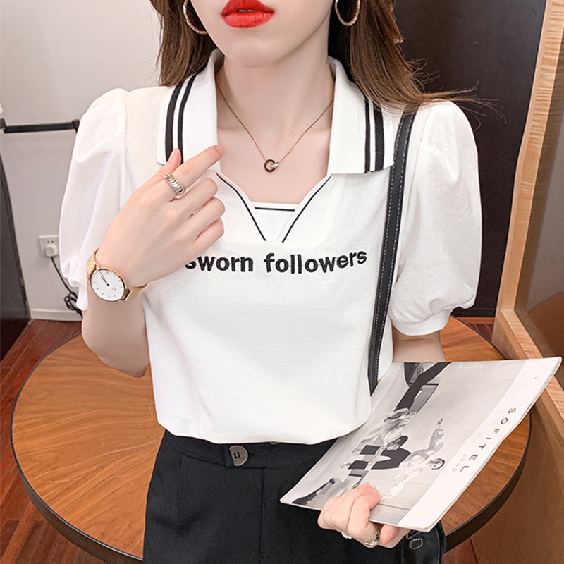 IELGY   Áo polo Tay Ngắn Phồng Thêu Chữ Thời Trang Cho Nữ