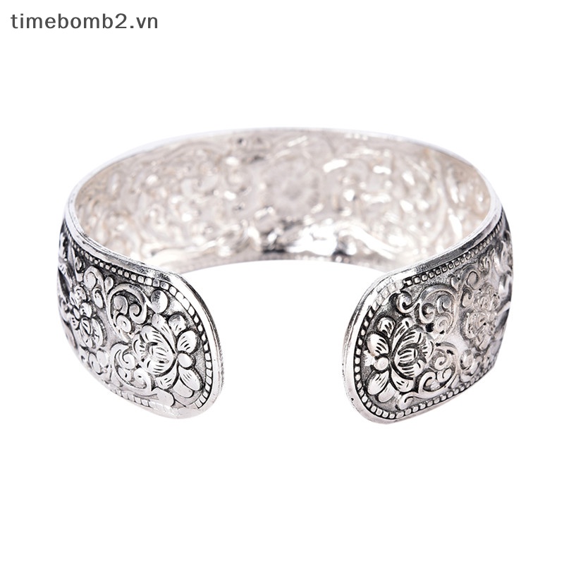 {Timebomb} Vòng Tay Bạc Tây Tạng Chạm Khắc Hoa May Mắn