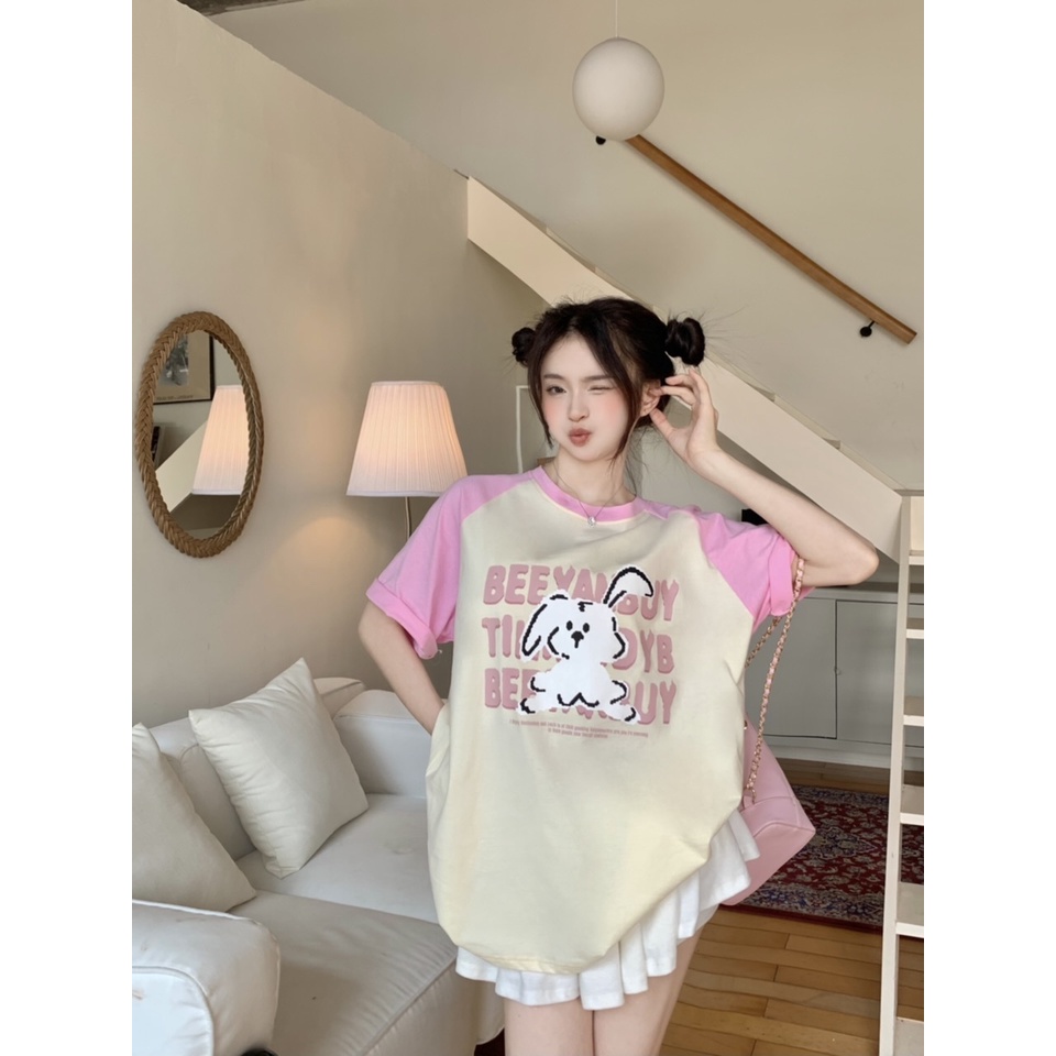 Áo Thun Tay Ngắn Cổ Tròn In Hình Thỏ Nhỏ Dễ Thương Phối Màu Phong Cách Cổ Điển Thời Trang Cho Nữ