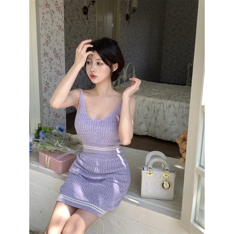 Set Áo Hai Dây + Chân Váy Dệt Kim Đơn Giản Thời Trang Cho Nữ