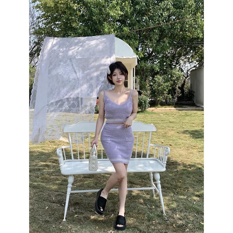 Set Áo Hai Dây + Chân Váy Dệt Kim Đơn Giản Thời Trang Cho Nữ