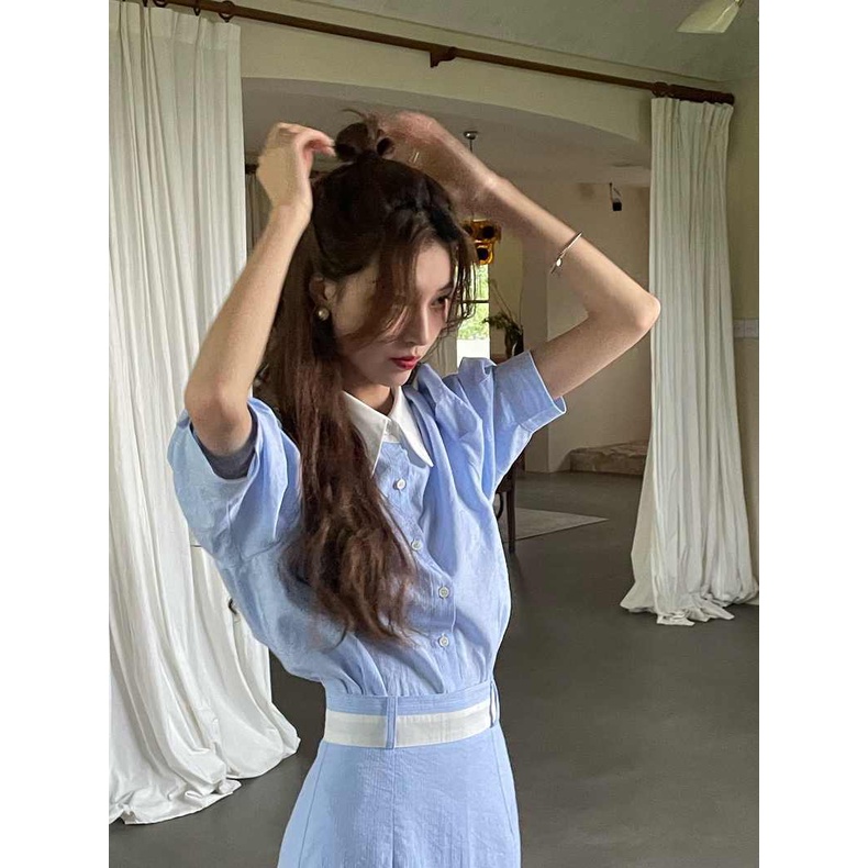 Set Áo Sơ Mi Kẻ Sọc Màu Sắc Tương Phản Phối Chân Váy Thời Trang Cao Cấp Cho Nữ