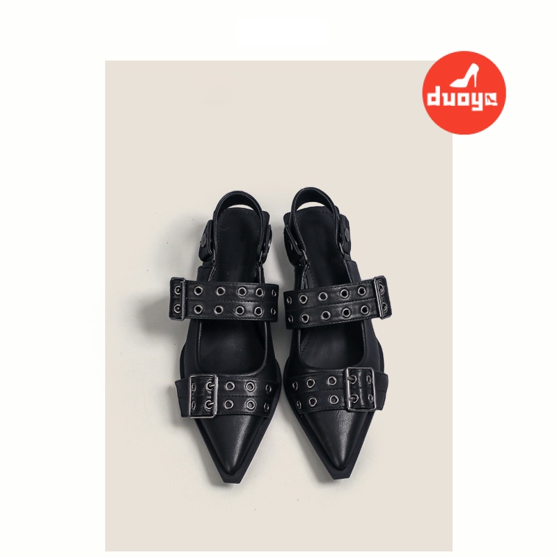 Duoya Tóc Thẳng ~ [Hàng Có Sẵn] Giày Búp Bê Mũi Nhọn Gót Thấp Miệng Nông Cảm Giác Ánh Kim Phong Cách Punk Đường Phố Cho Nữ