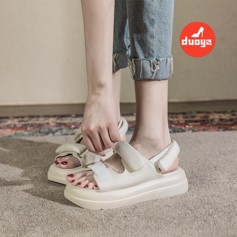 Duoya Tóc Thẳng ~ [Hàng Có Sẵn] Sandal Roman Khóa Dán Siêu Dày Mặc Ngoài Trời Nhỏ Bán Chạy Cho Nữ