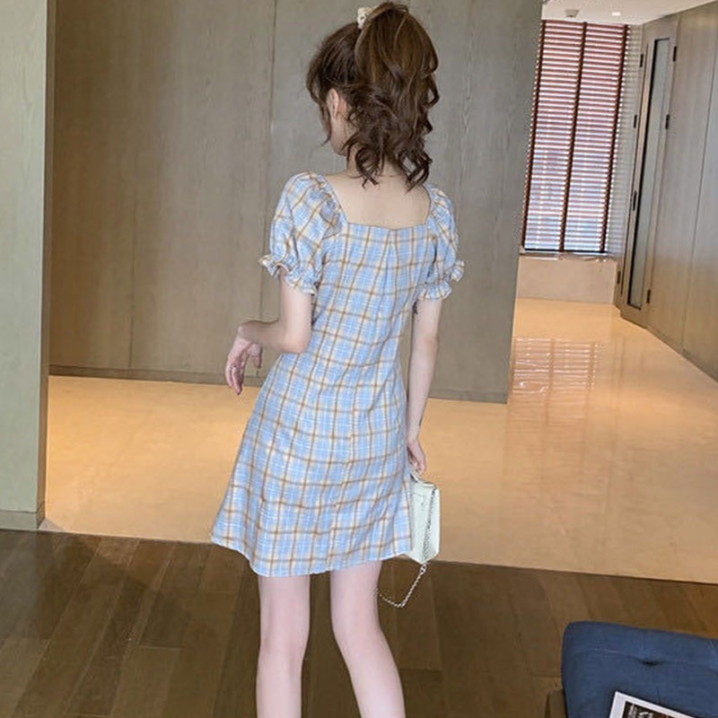 Đầm Tay Ngắn Hở Vai Ôm Eo Họa Tiết Sọc Caro Phong Cách Pháp Cổ Điển Thời Trang Cho Nữ
