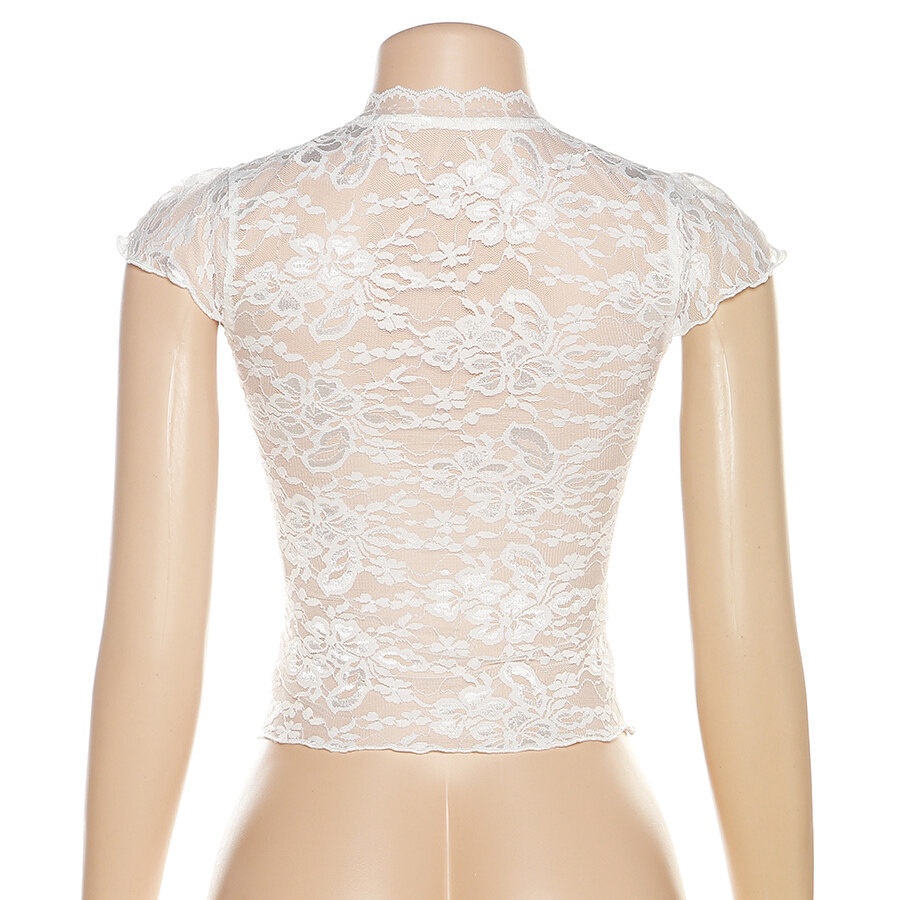 Weird Puss Áo Thun Lửng Ngắn Tay Phối Ren Phong Cách Quyến Rũ Dành Cho Nữ