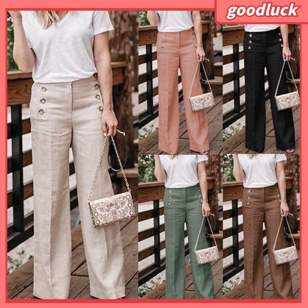 Quần Dài Vải Lanh Cotton Ống Rộng Cài Nút Màu Trơn Lưng Cao Thời Trang Cho Nữ