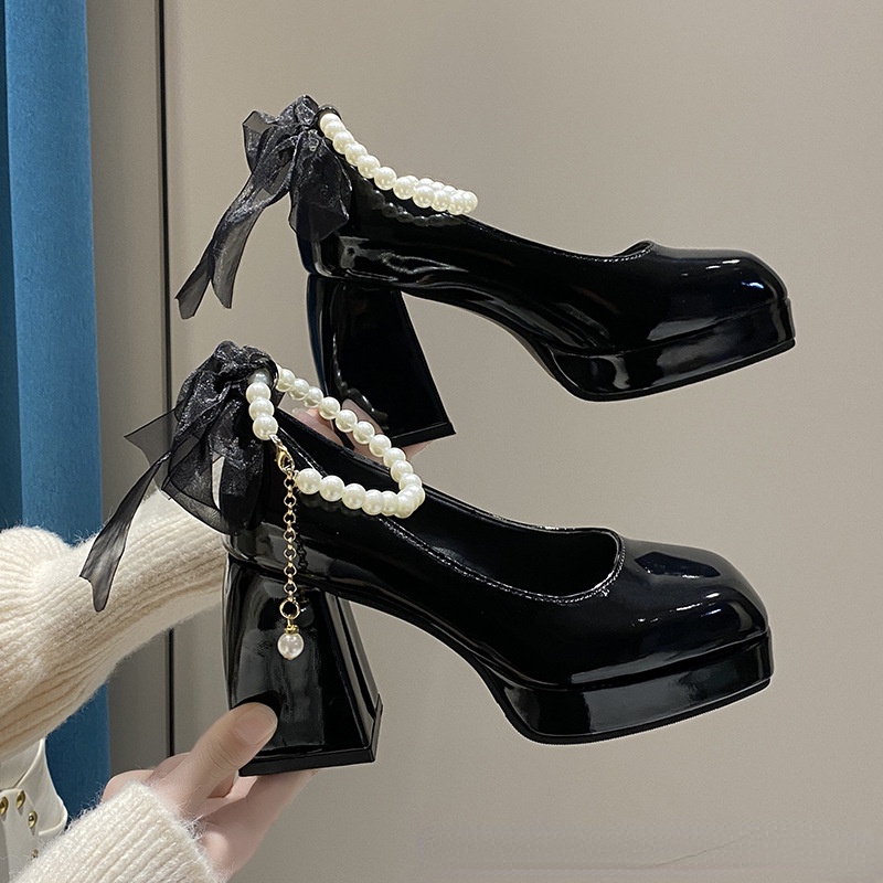 Giày Cao Gót Đế Dày Bằng Da Phong Cách retro Pháp Cho Nữ giày cao gót đen sandal nữ cao gót