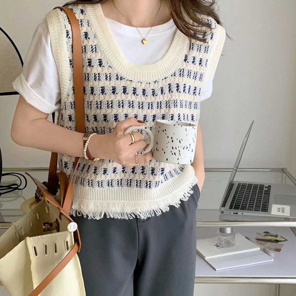 Áo Len Không Tay Họa Tiết Kẻ Sọc Thiết Kế Mới Thời Trang Mùa Thu Dành Cho Nữ