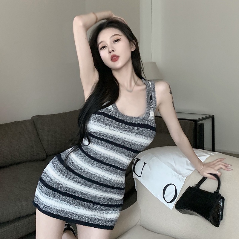 Đầm Dệt Kim Sát Nách Kẻ Sọc Màu Gradient Phong Cách Hàn Quốc Cho Nữ