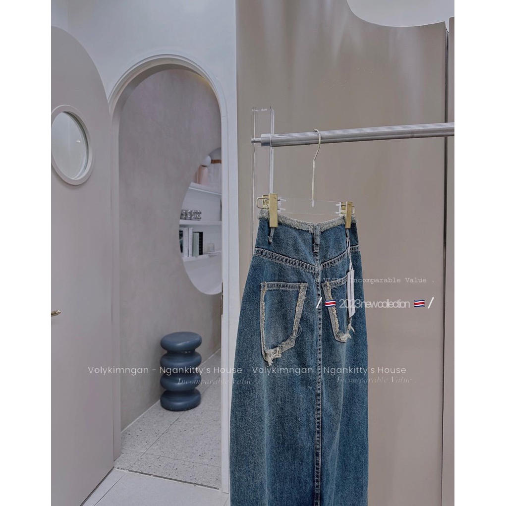 Chân váy jean dài xước