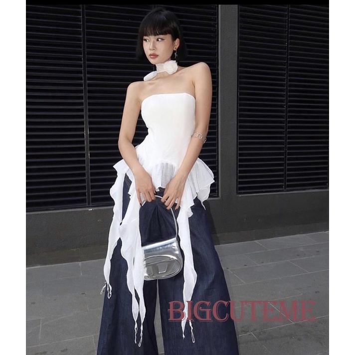 [] Áo Ống Nhún Bèo Hở Lưng Màu Trơn Thời Trang Mùa Hè Cho Nữ