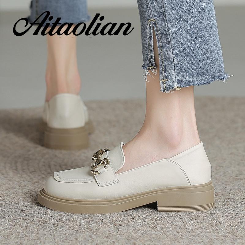 Giày Lười Da Thật Đế Bằng 3cm Phối Khóa Kim Loại Đơn Giản Thời Trang Cho Nữ