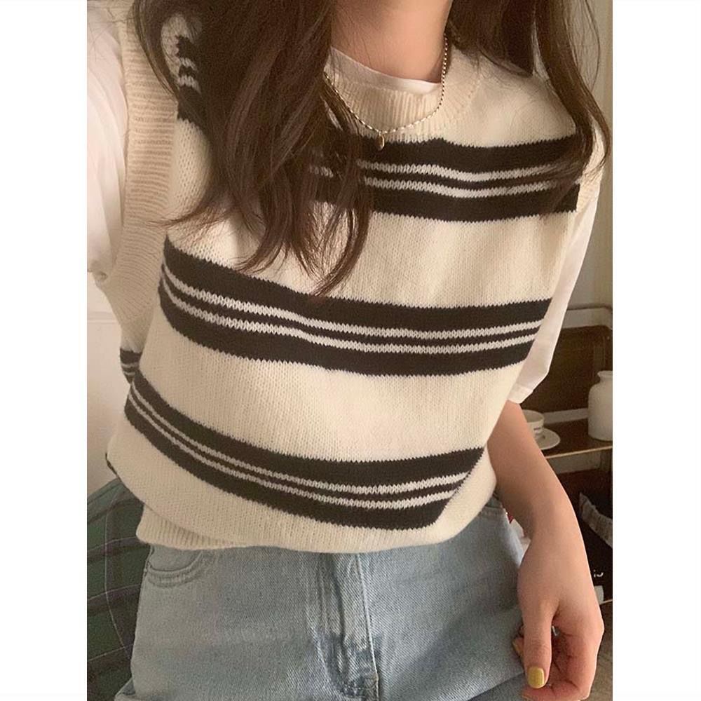 Áo Dệt Kim Sát Nách Cổ Tròn Dáng Rộng Họa Tiết Kẻ Sọc Thời Trang Mùa Thu Mới Cho Nữ