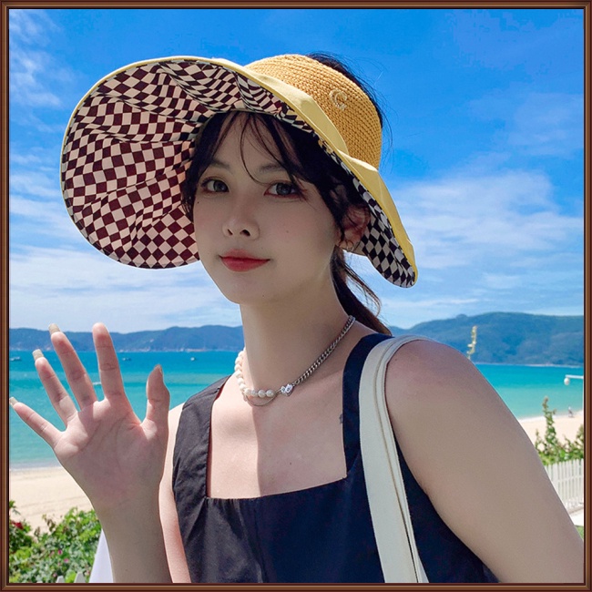 Jaz Mũ Rộng Vành Cotton Chống Nắng Hở Chóp Kẻ Sọc Caro Có Thể Gập Lại Cho Nữ