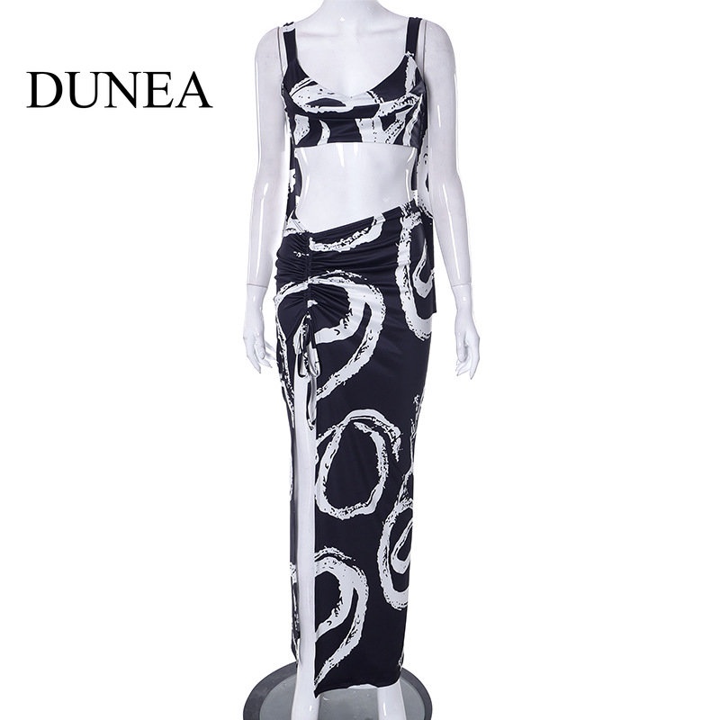 DUNEA Set Áo Cúp Ngực Và Chân Váy Họa Tiết Graffiti Quyến Rũ Dành Cho Nữ