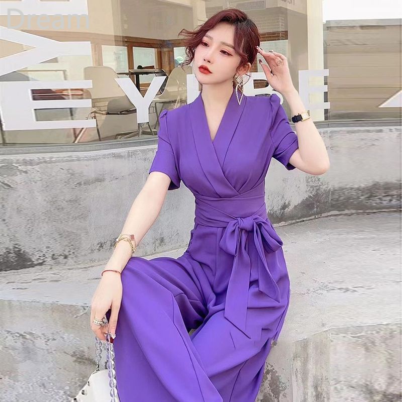High-end Internet celebrity jumpsuit women's elegant temperament solid color high waist slimming lace-up wide leg vertical jumpsuit