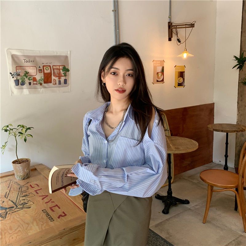 [F &amp; X] Áo Sơ Mi Tay Dài Hở Vai Dáng Rộng Họa Tiết Kẻ Sọc Xanh Dương Độc Đáo Thời Trang Mùa Xuân Mới