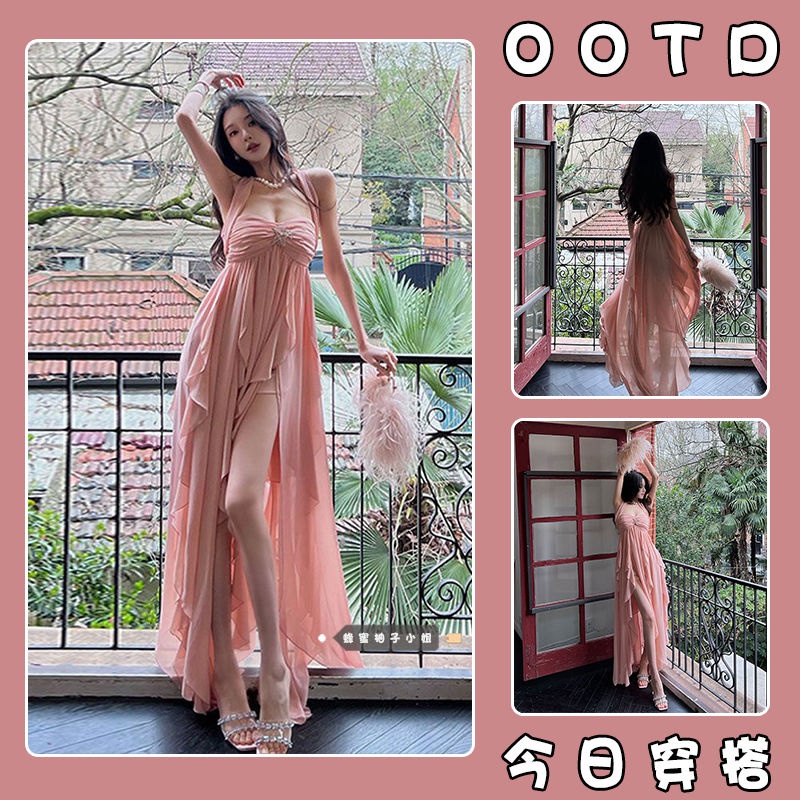 New summer seaside vacation style suspender dress heavy industry neck-hanging irregular hem dress starfish brooch backless dress
