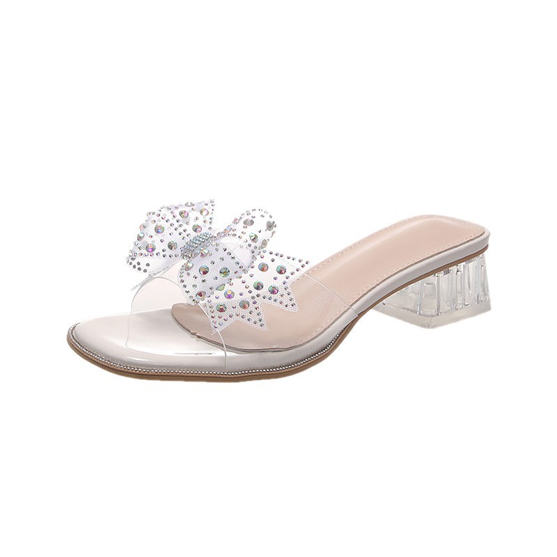 Duoya Tóc Thẳng ~ [Hàng Có Sẵn] Dép Cao Gót Đính Đá Pha Lê Trong Suốt Hình Nơ Dành Cho Nữ Mang Ngoài Trời Miễn Phí Vận Chuyển