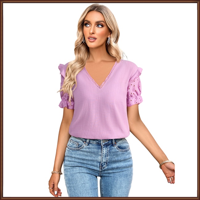 Áo Kiểu Tay Phồng Ngắn Cổ Chữ V Màu Sắc Đơn Giản Thời Trang Đi Biển Cho Nữ