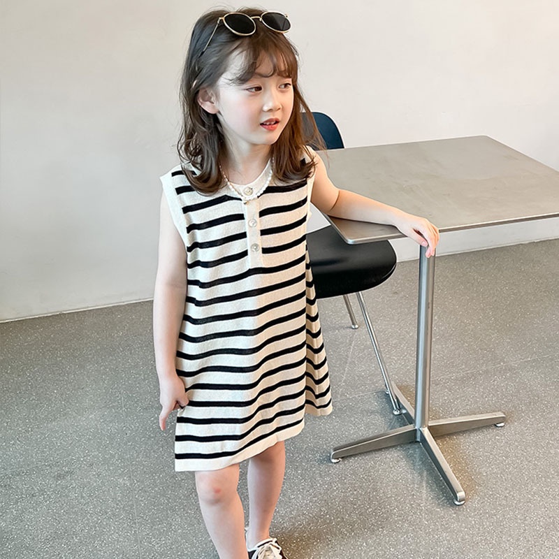 Đầm Kẻ Sọc Phong Cách Hàn Quốc Cho Bé Gái 1-7 Tuổi