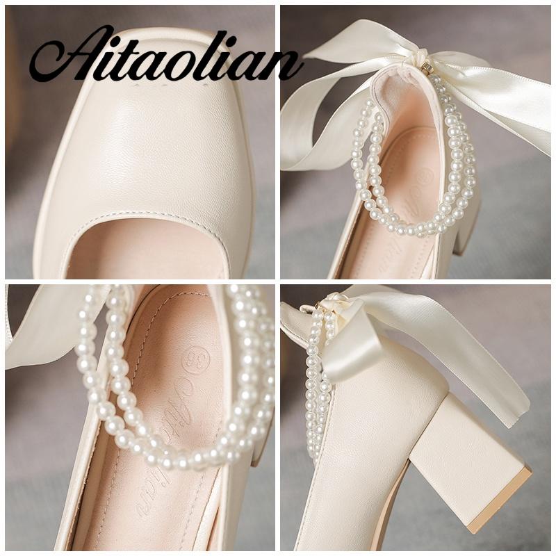 Giày Cao Gót 5cm Da Mềm Mũi Vuông Đính Ngọc Trai Kiểu retro Anh Dễ Thương Cho Nữ