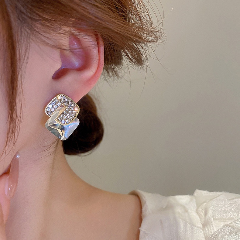 Bông Tai Mạ Bạc 925 Hình Học Đính Kim Sa Lấp Lánh Phong Cách Hàn Quốc Dễ Phối Đồ