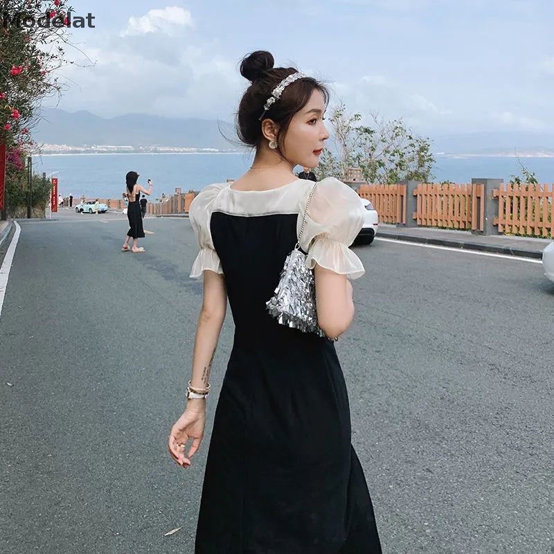 Đầm Đen Tay Ngắn Phong Cách Vintage Pháp Cho Nữ