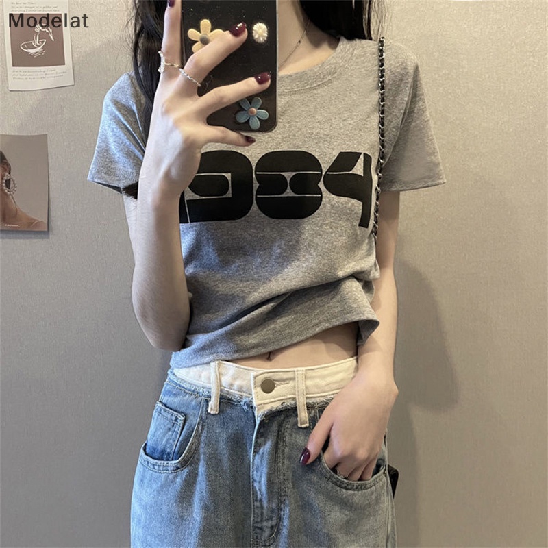 Áo Thun Crop Top Tay Ngắn Cổ Tròn In Chữ Số Thời Trang Mùa Hè Cho Nữ